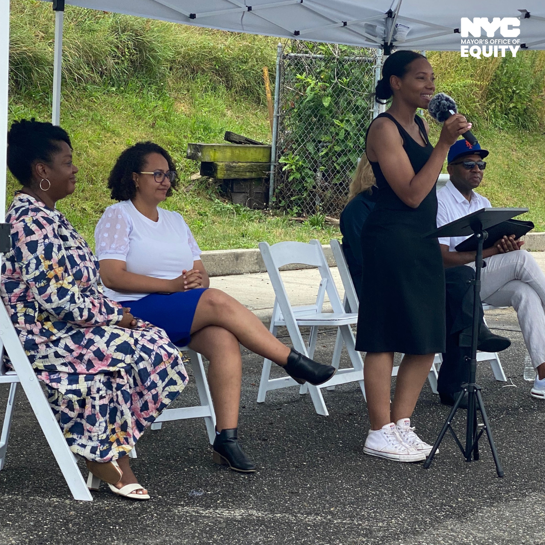 (from left to right) NYC Mayor's Office of Equity, Commissioner Sideya Sherman, Acting Chief Equity and Strategy Officer at the NYC Department of Health and Mental Hygiene Linda Tigani, and Director of the NYC Mayor's Office of Urban Agriculture Qiana Mickie during a panel at the Juneteenth event.