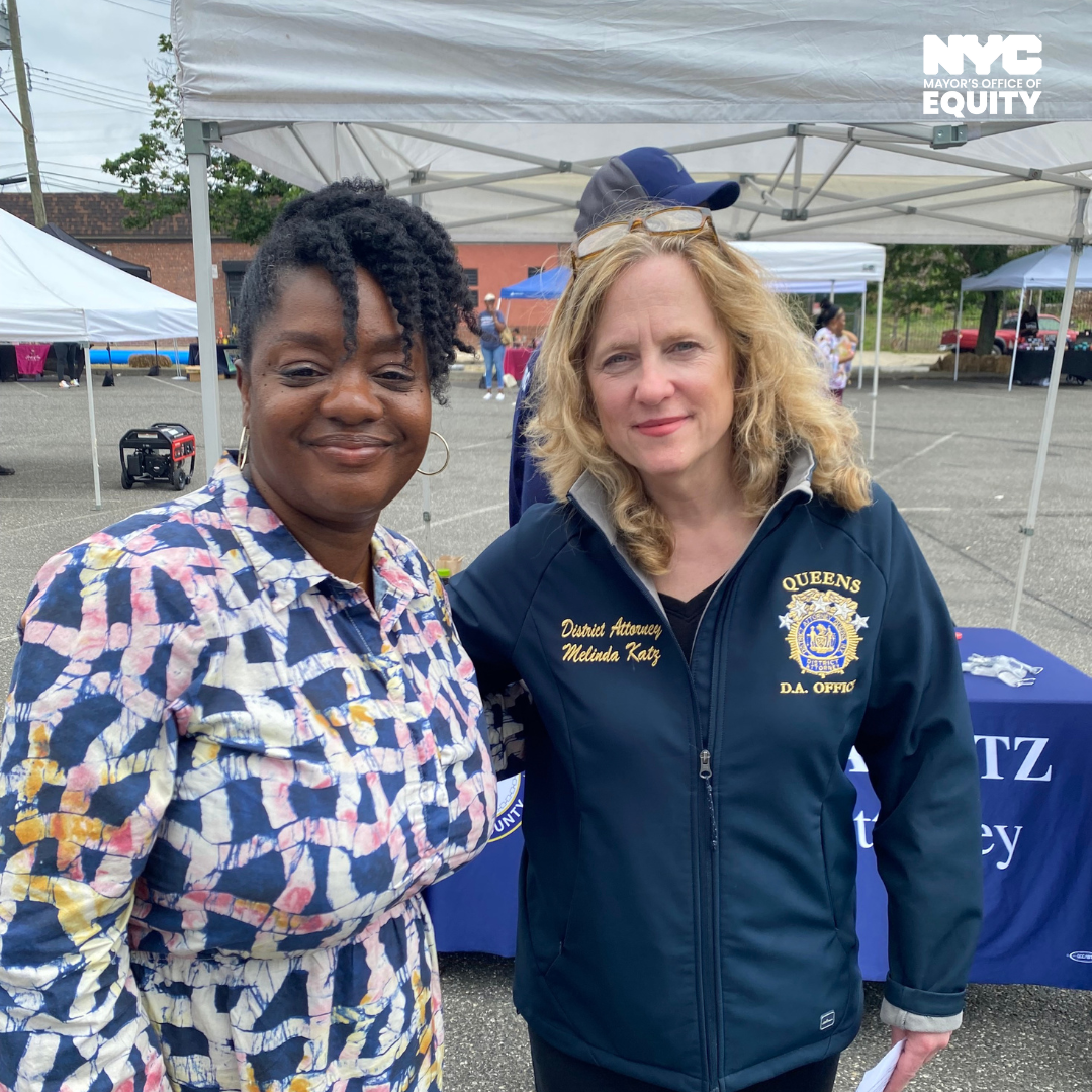 NYC Mayor's Office of Equity, Commissioner Sideya Sherman and Queens County District Attorney Melina Katz pose for a picture at the Juneteenth event.
