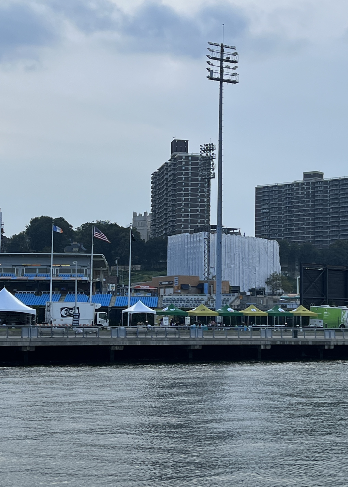 A group of resource stations at the Staten Island event. More resource tents were set up inside the FerryHawks Stadium.