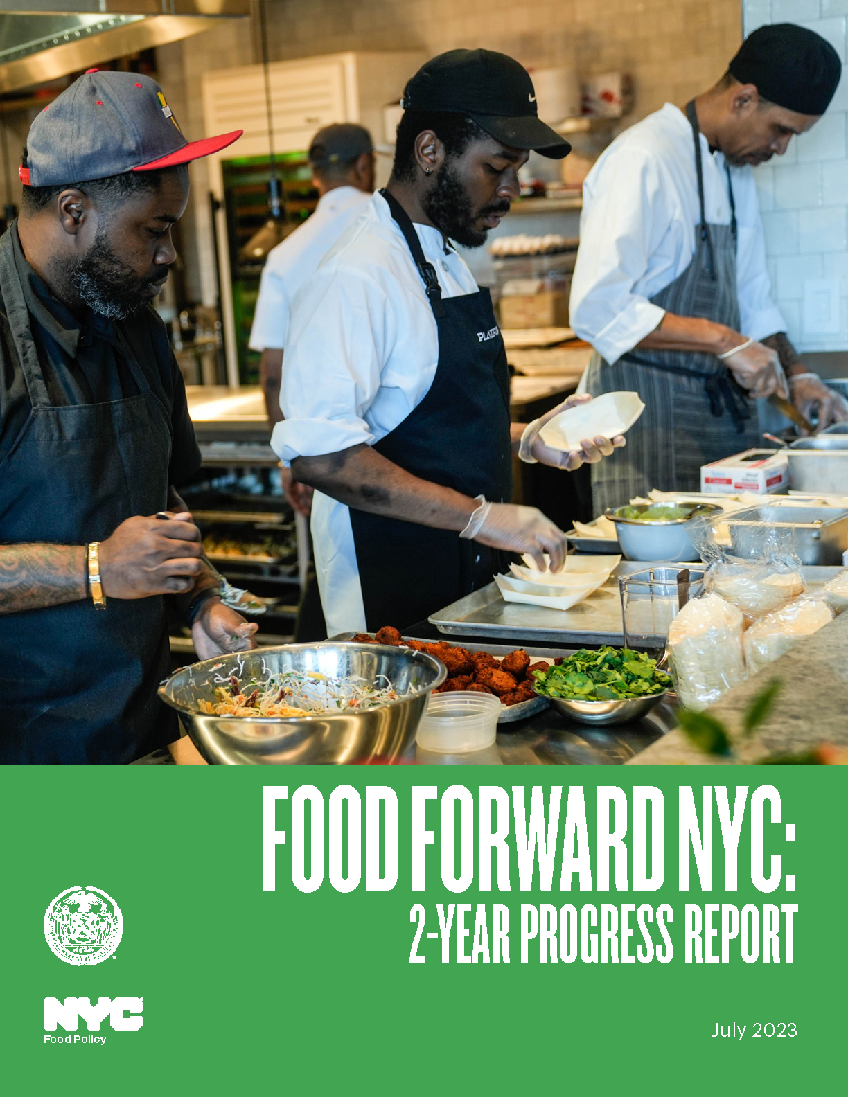 Three men cooking in a kitchen, text: Food Forward NYC: 2-Year Progress Report