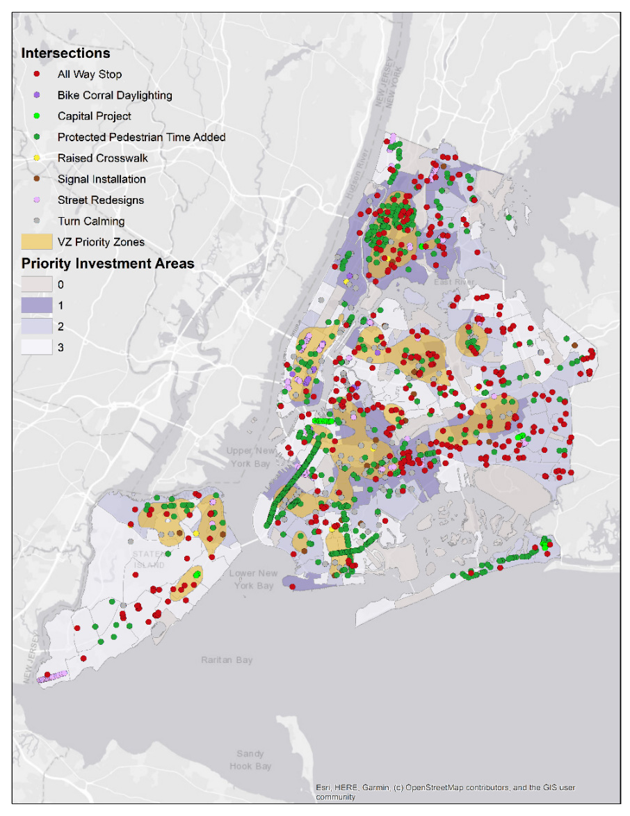 A map of the more than 1,200 intersections where DOT has made safety improvement, protecting road users in every corner of the city.