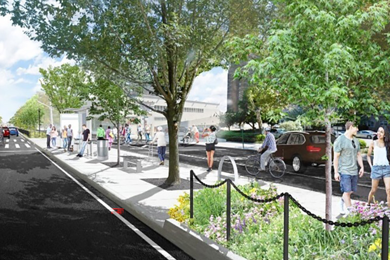 a concept markup graphic with people on the sidewalk, and newly paved road.