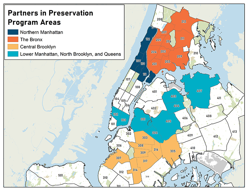 This image shows a map of New York City divided into the four contract areas that make up the Partners in Preservation program.