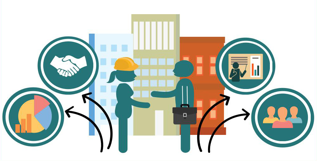 Construction worker speaking with a business person about a business deal.