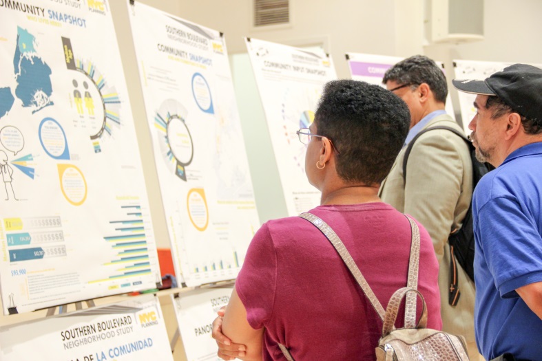 Community members looking at posters at a planning event.