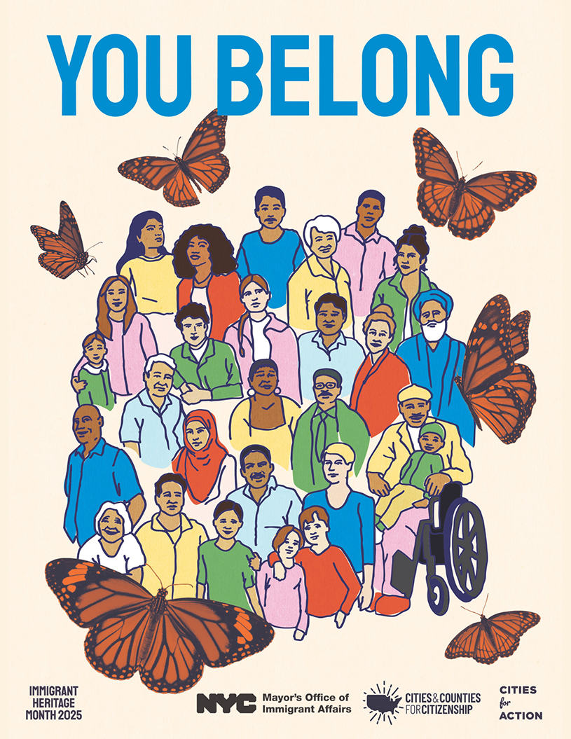 a graphic of a group of diverse people sitting an and standing together with monarch butterflies flying around them