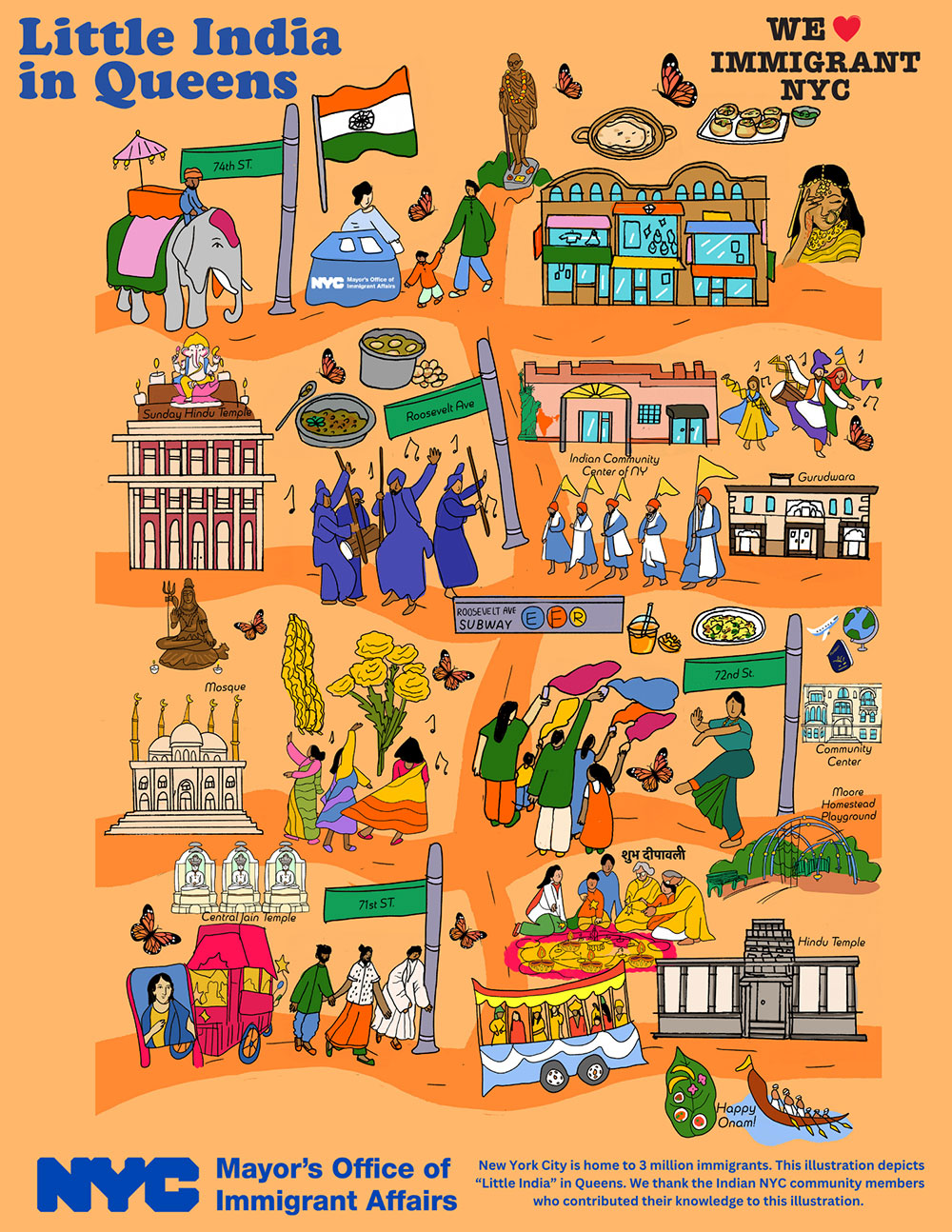 Stylized map of Landmarks at Little India in Queens