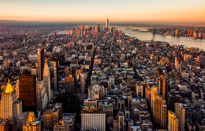 Aerial photograph of Manhattan taken from Midtown looking south showing skyline and buildings