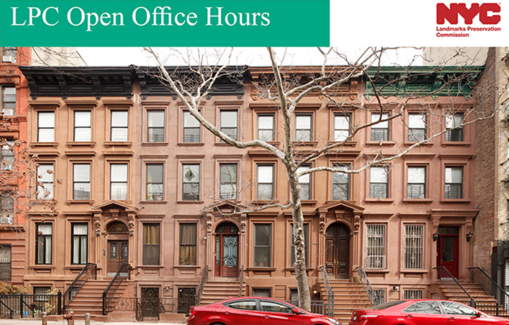 A frontal view of several town houses