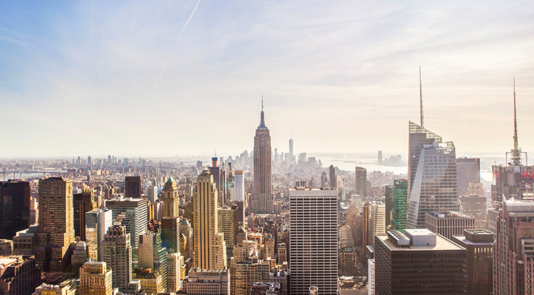 Photo: Christopher Postlewaite, NYC Tourism + Conventions.  Aerial photo of New York City skyline