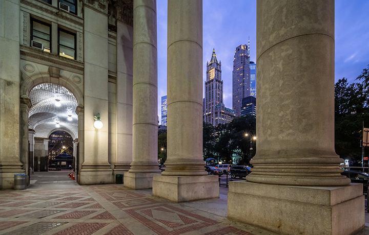 Image of One Centre Street portico in evening
