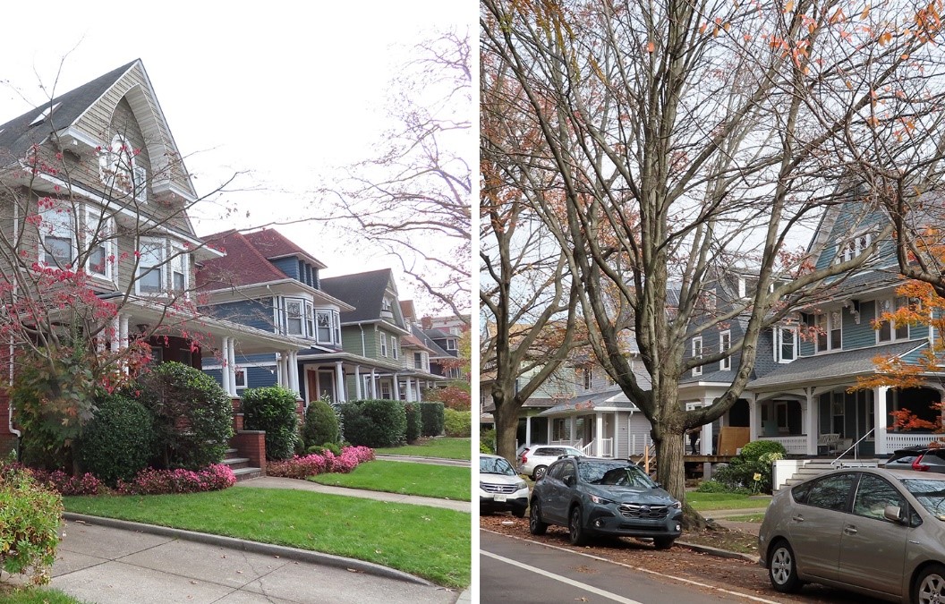 Two side by side color photos of streetscapes, each showing a block with distinctive, free-standing homes