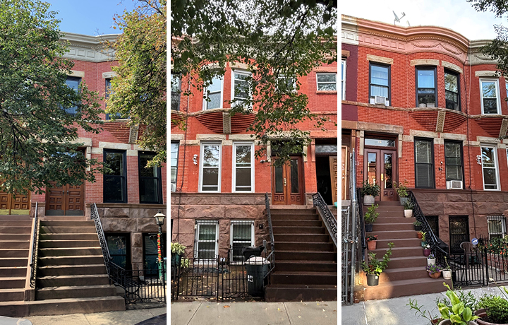 Photo of three historic brownstone homes, each with stairs leading up to the front door
                                           