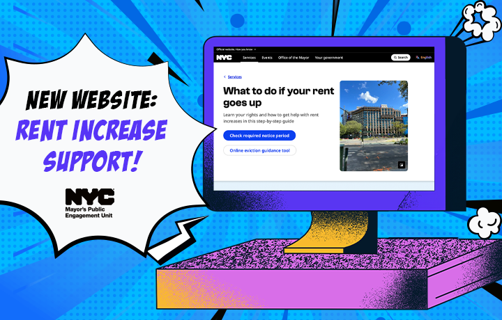 Colorful graphic computer with blue comic book background shows new website for rent increase support. Screen on desktop reads 