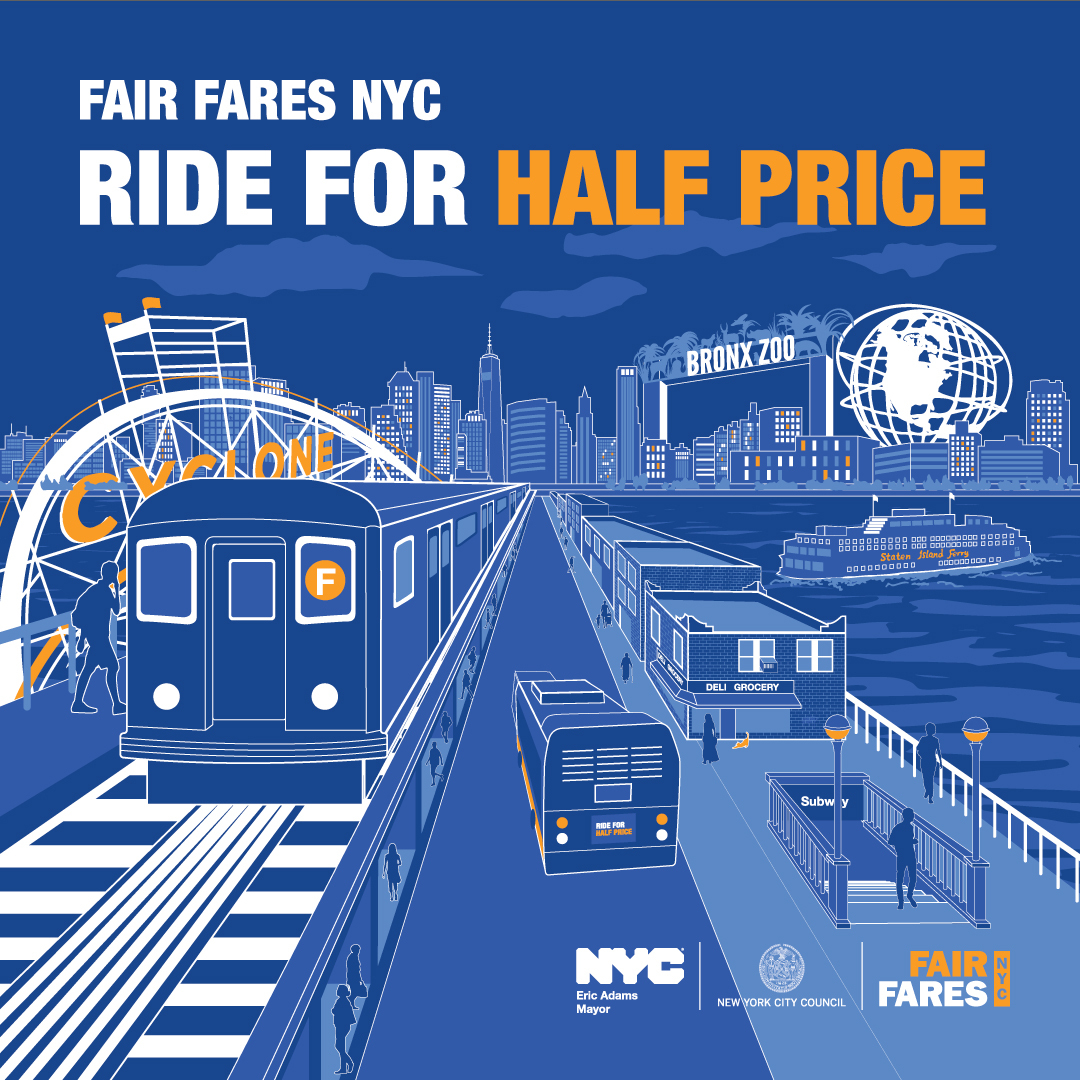 Various forms of transportation, trains, buses and ferry are featured in front of the NYC skyline against a blue background. The words 