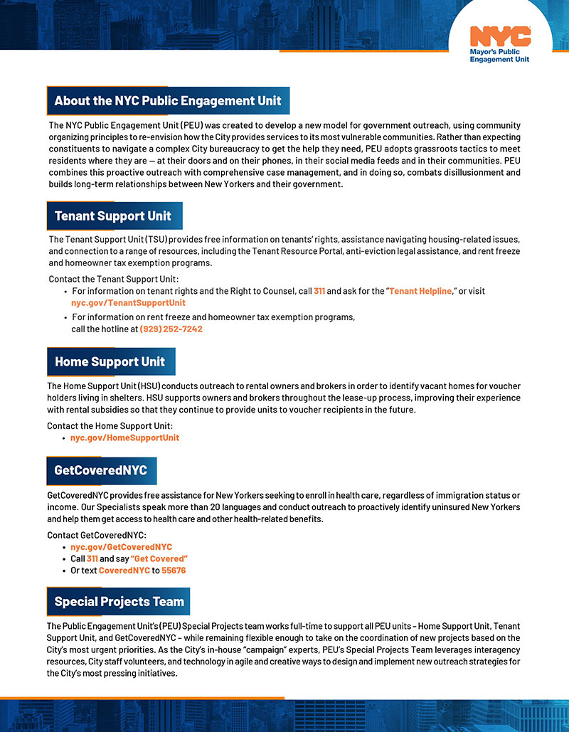 Flyer with descriptions of the Public Engagement Unit's main program, with contact info