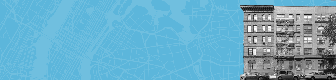 Image of an apartment building in black and white with a light blue background