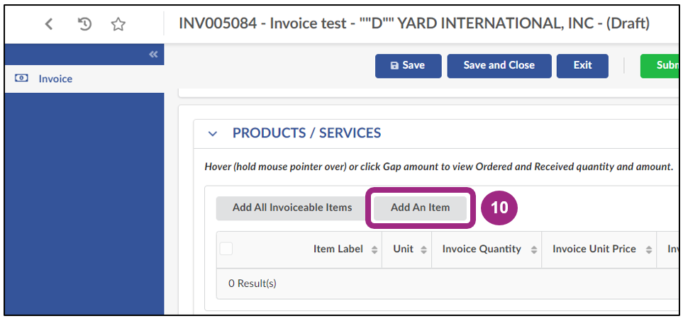The Products/Services section at the bottom of the Invoice page.