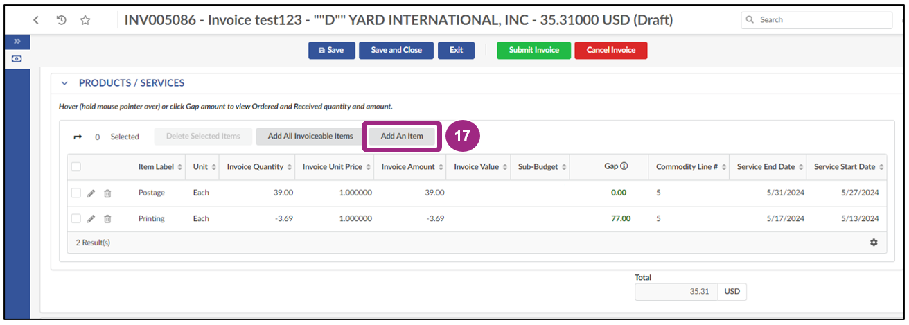 A table listing two items (one with a  positive invoice amount and one with a negative invoice amount) now shows in the Products/Services section.