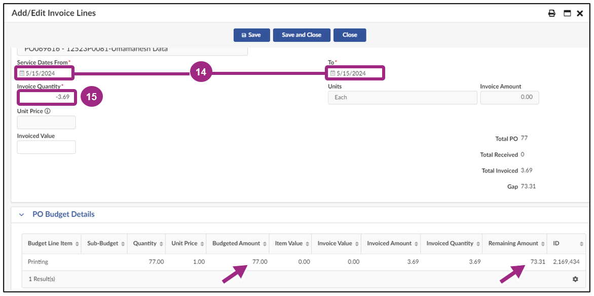 The PO Budget Details section is visible at the bottom of the Add/Edit Invoice Lines window.