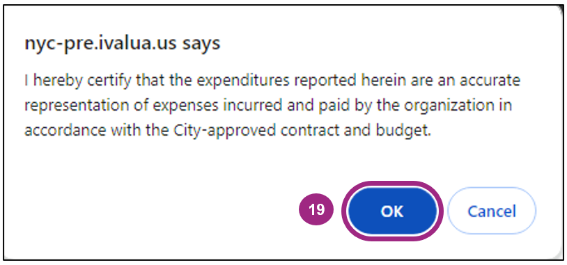 A dialog box requesting certification that the reported expenditures are accurate.