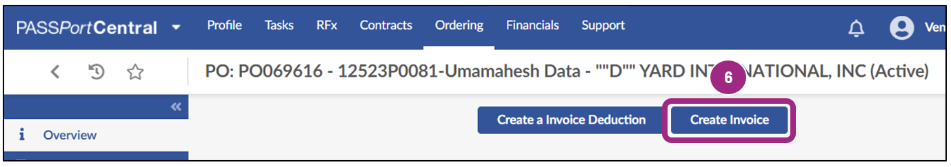 The Create Invoice button at the top of the purchase order Overview tab.