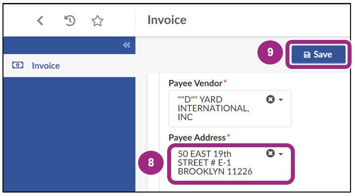 The Payee Vendor and Payee Address fields at the bottom of the Invoice Header section.