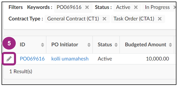 A purchase order is listed in the search results.