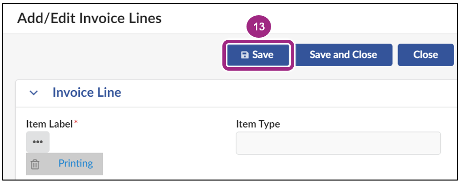 An item is listed under the Item Label field.