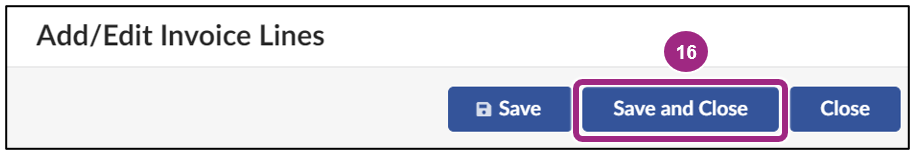 The Save and Close button at the top of the Add/Edit Invoice Lines window.