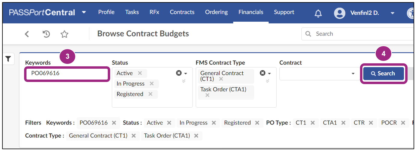 Several search filters are visible at the top of the Browse Contract Budgets page.