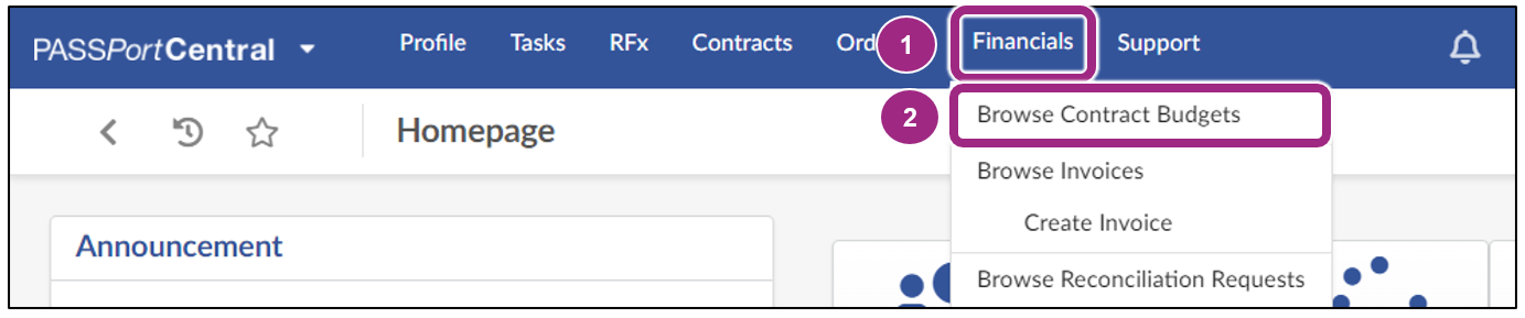 The Financials drop-down menu in the top navigation menu of the PASSPort Homepage.