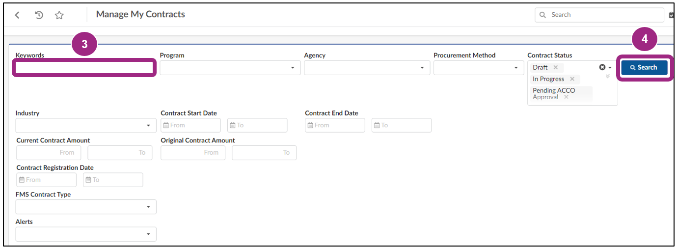 Screenshot of the Manage My Contracts page.