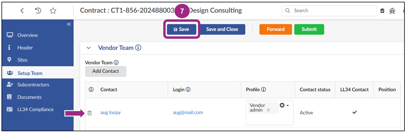 Screenshot of the Vendor Team section within the Setup Team tab. The previously selected vendor is now listed in this section.