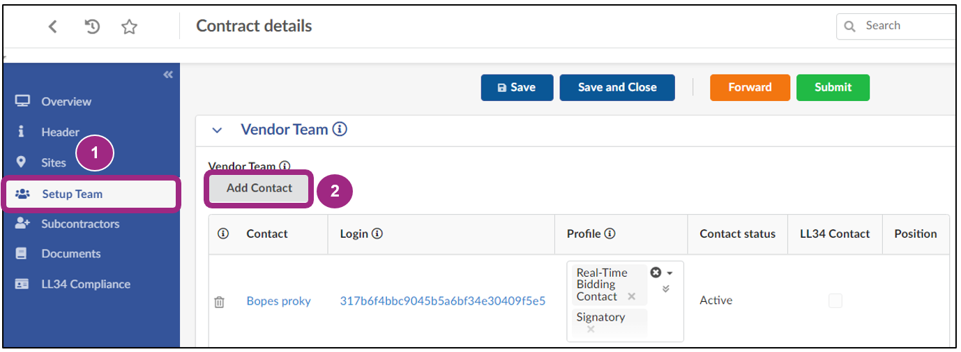 Screenshot of the Add Contact button within the Contract's Vendor Team section.