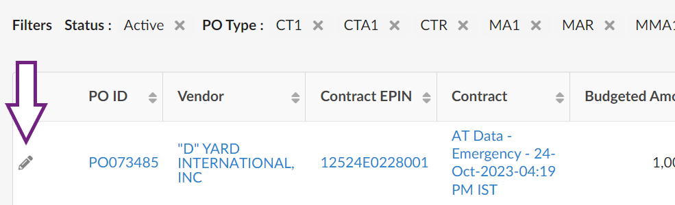 Search results showing purchase orders. On the left end of each result listing is a clickable pencil icon to open the purchase order.