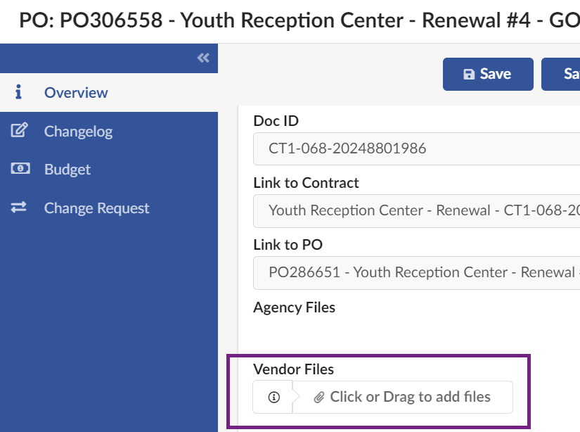 In the purchase order window, on its Overview page, the Click or Drag to add files button is under a label 'Vendor Files' is where file documents can be uploaded.