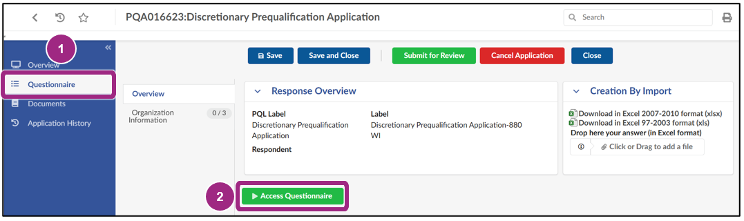 The Answer Questionnaire button is visible in the Questionnaire tab of the PQL application.