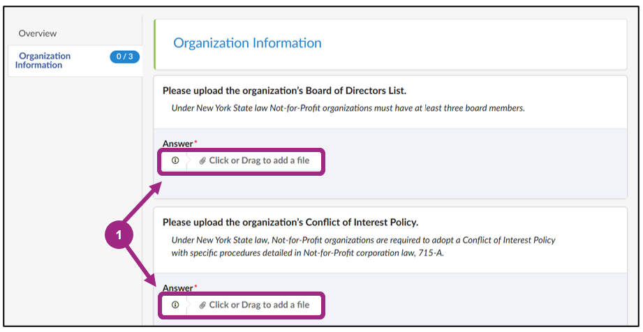 Screenshot of two questions in the PQL application requesting vendors upload business documents.