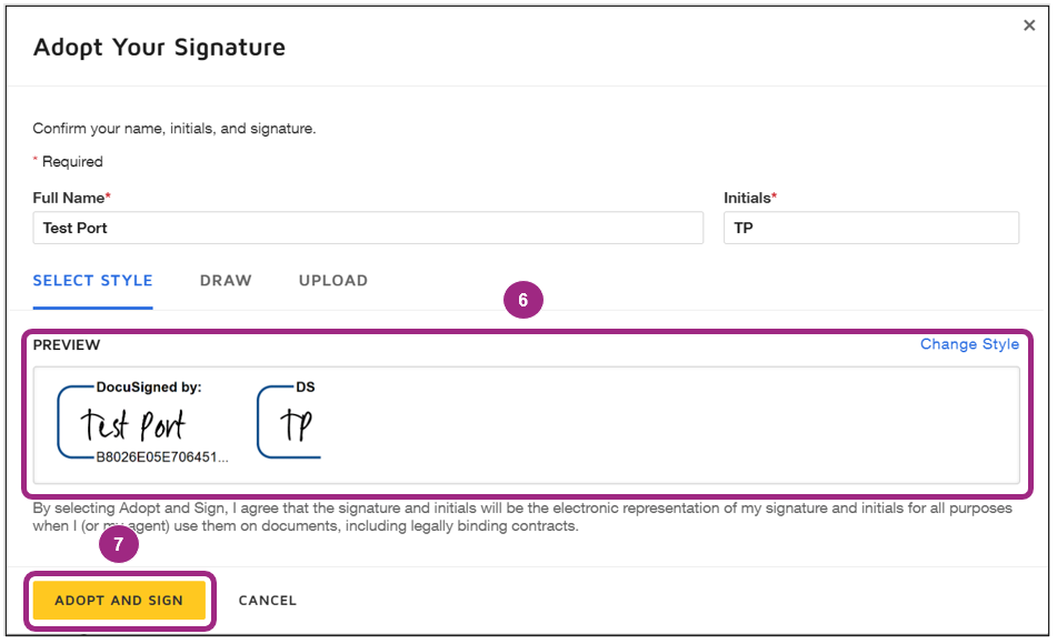 Screenshot of the Adopt Your Signature pop-up window. The Full Name and Initials fields are pre-populated.