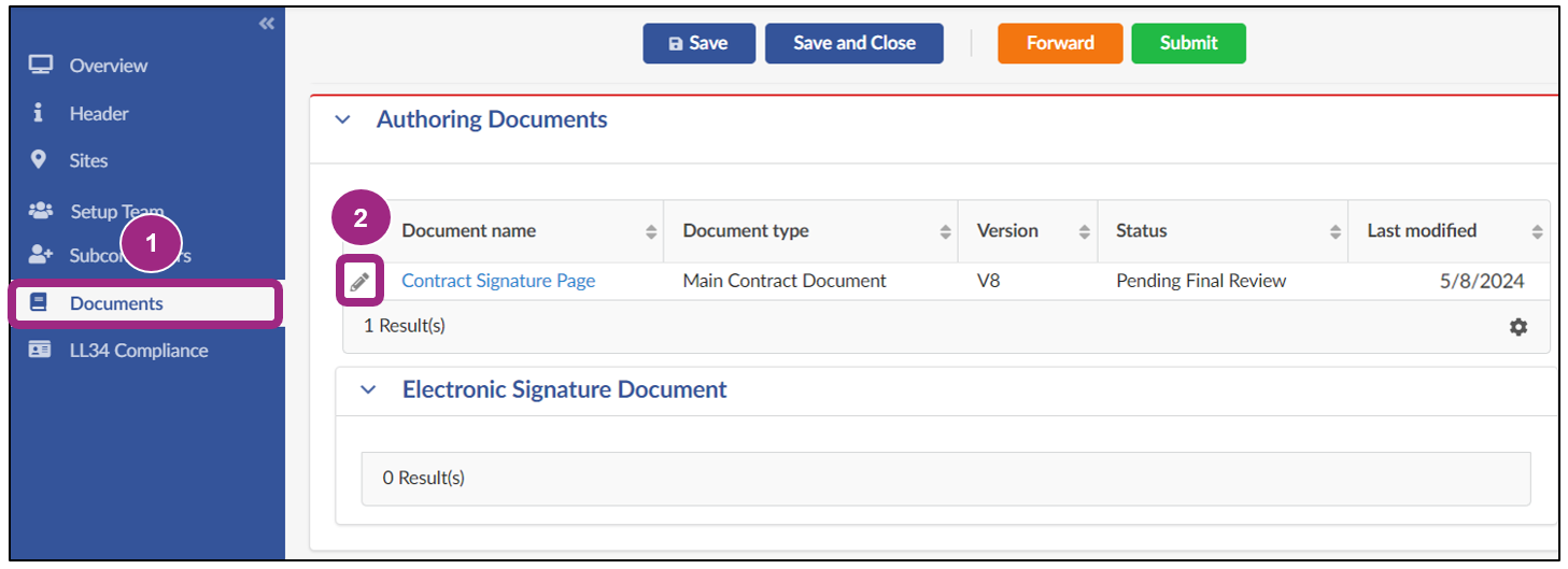 Screenshot of the Authoring Documents section within the Contract's Documents tab. A document is listed in Pending Final Review status.