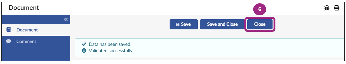 Screenshot of the Close button at the top of the authoring Document screen.