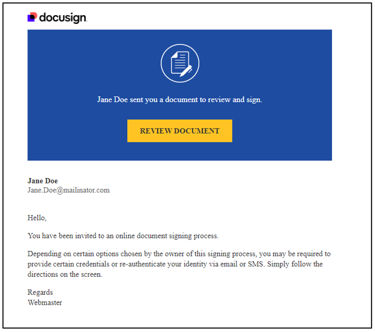 Screenshot of the DocuSign email notification. The message reads: Jane Doe sent you a document to review and sign.