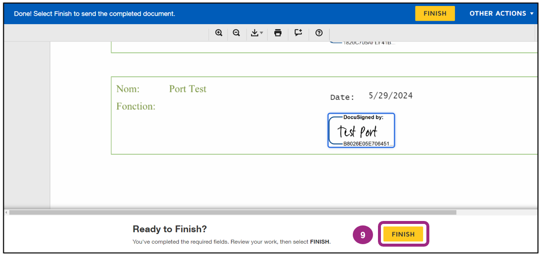 Screenshot of the Finish button in DocuSign. The button is visible in both the top right and bottom right corners of the page.