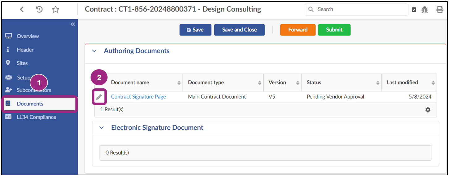 Screenshot of the Authoring Documents section within the Contract's Documents tab. A document is listed in Pending Vendor Approval status.