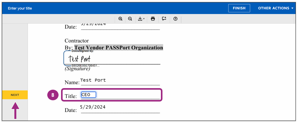 Screenshot of the Title field on the Contract Signature Page.