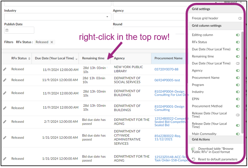 The Browse Public RFx search results grid settings menu, shown on top of the search results table.