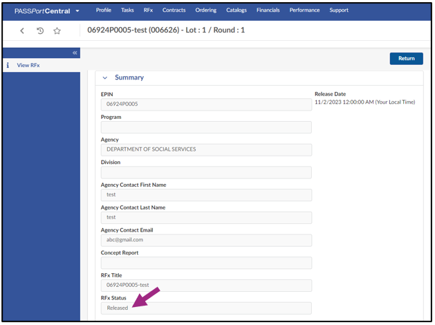 Screenshot of the RFx Summary section.