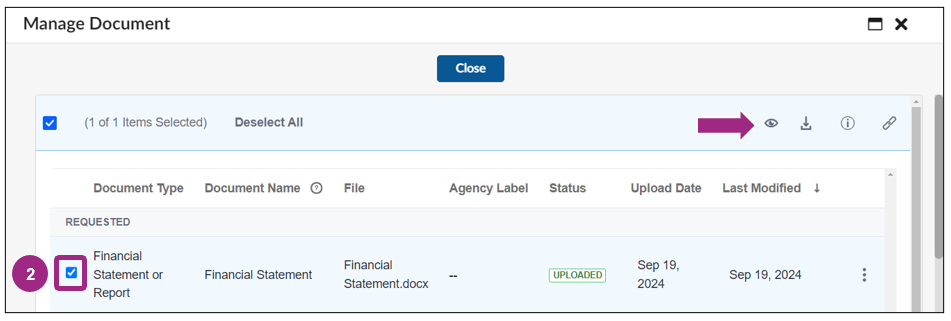 The Manage Documents window. A previously linked document appears in a table on this page.