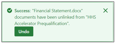 A 'success' message states the documents have been unlinked from the hhs pql application.